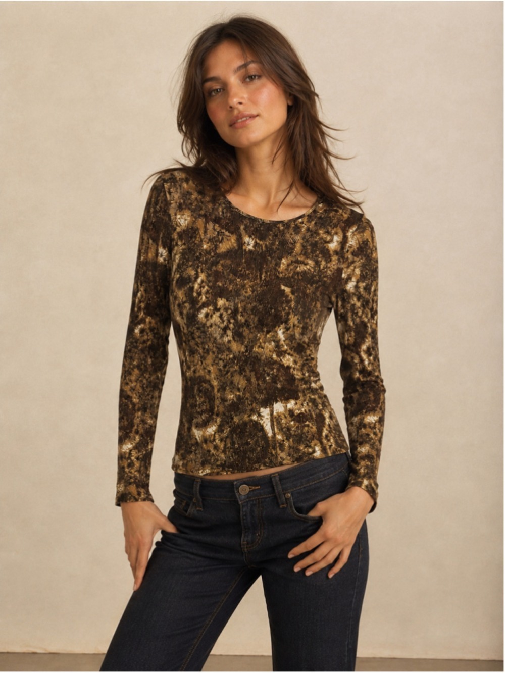 Vintage Kenzo Paris Brown Abstract Botanical Stretch Top Women’s Size 40 Y2K
